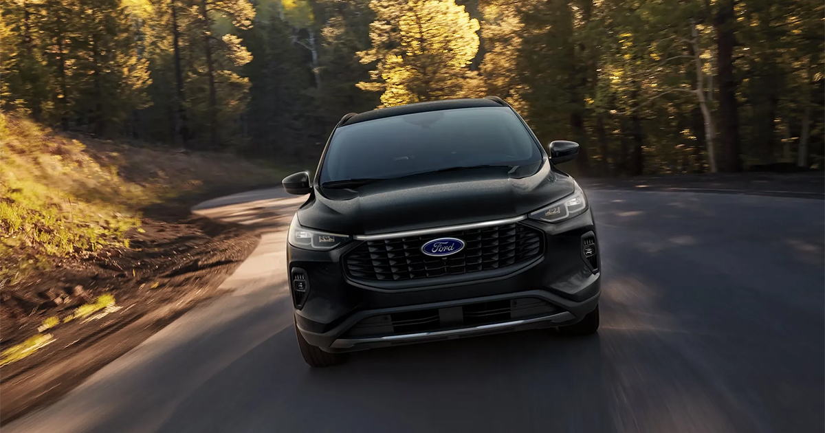 Black Ford SUV driving on a winding forest road with golden autumn trees in the background