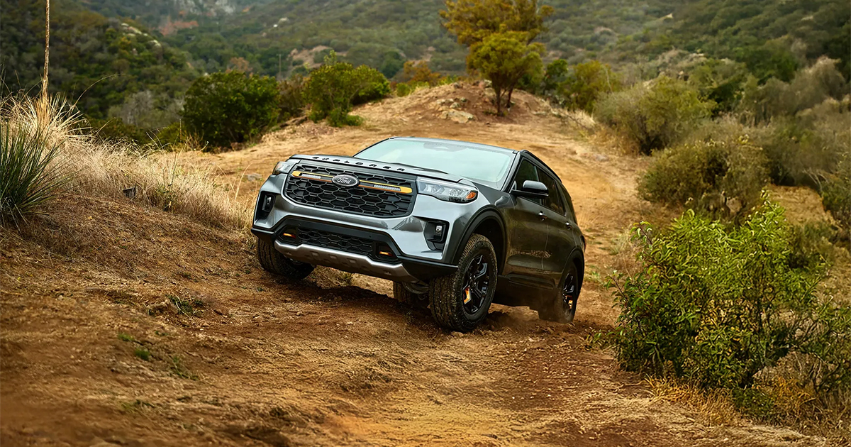 Gray Ford SUV driving on a dirt trail through rugged wilderness with trees and shrubs