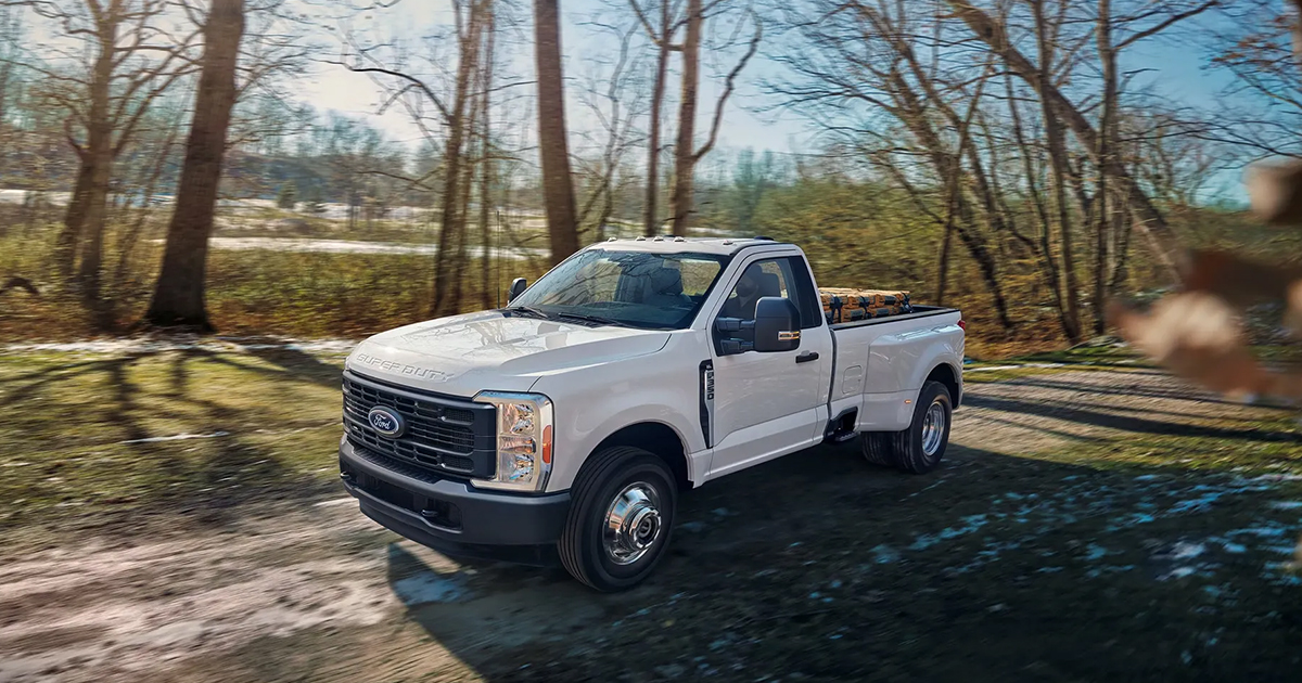 White Ford F-250 Super Duty single cab pickup truck driving on a wooded forest road in early spring