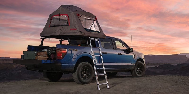 A blue Ford F-150 FX4 pickup truck with a rooftop tent and a ladder, parked at sunset